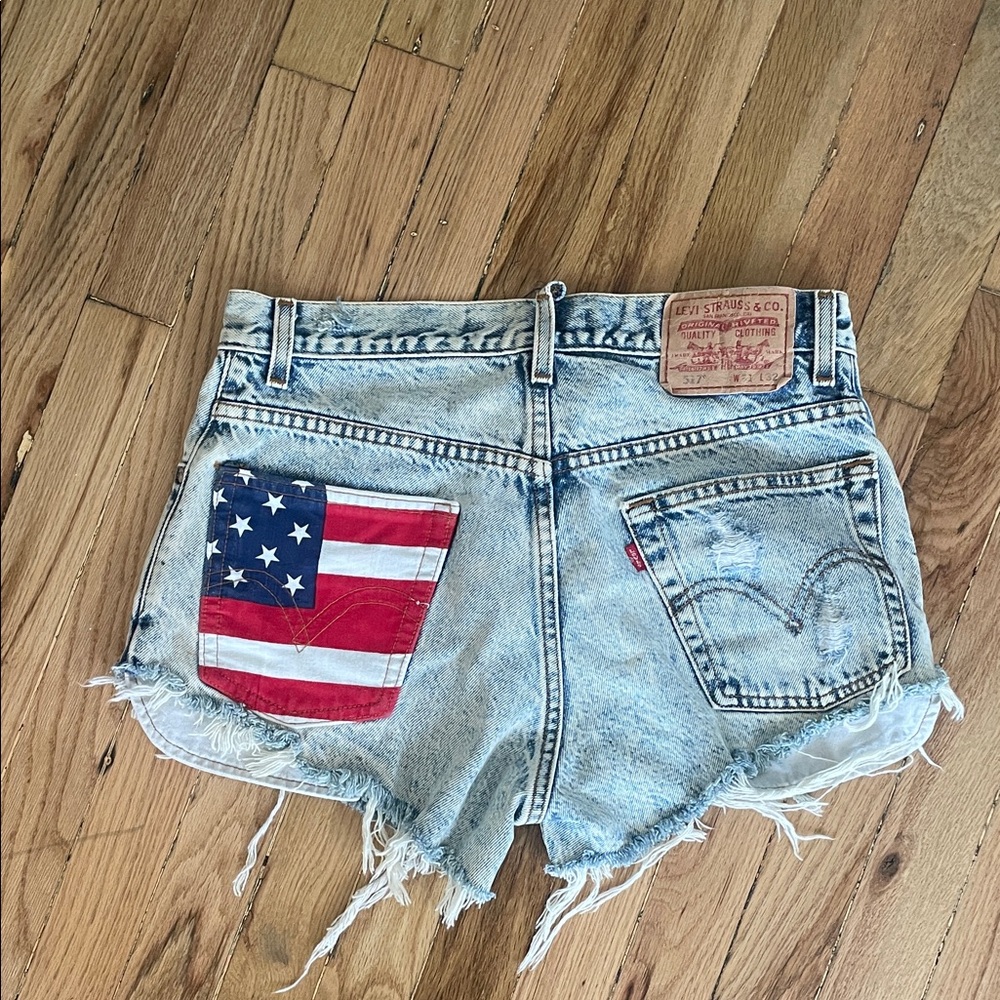 Vintage Levi's Women's Light Blue Jean Shorts with American Flag made in USA